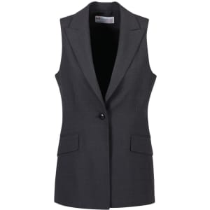 A sleeveless grey jacket with a lapel collar and two front pockets, featuring a button closure and a branding logo.