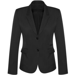 A women's mid-length black blazer featuring a two-button closure and side pockets. The jacket has a fitted silhouette.