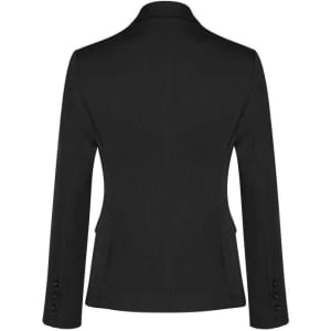 A black mid-length jacket featuring a two-button design and a fitted silhouette, with a logo on the back.