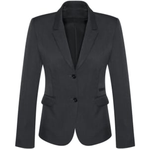 A women's mid-length blazer in dark grey with two buttons and angled pockets, featuring a tailored fit.