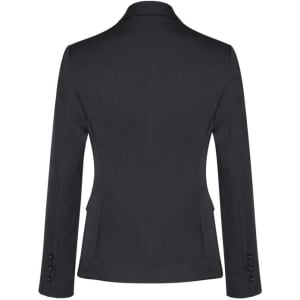 A black mid-length women's jacket with a two-button design and long sleeves, featuring a fitted silhouette.