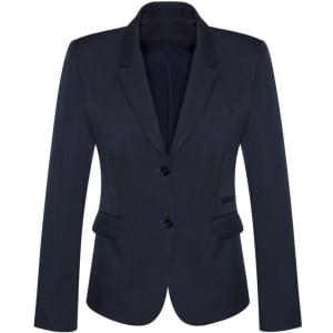 A women's mid-length jacket in dark navy, featuring a two-button closure and fitted design. It has a sleek blazer style.