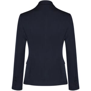 A mid-length women's jacket in navy featuring a two-button closure and long sleeves with buttons at the cuffs.