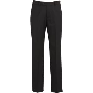 Black flat front pants with a classic design, featuring a button closure and a logo on the waistband.