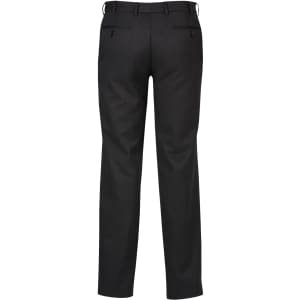 Flat front black pants with a tailored fit, featuring pockets at the back and a waistband with belt loops.