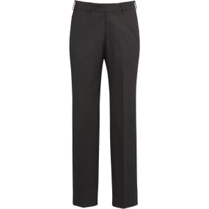 Flat front slacks in dark grey, featuring a straight leg cut and a tasteful design. Includes a branded logo.