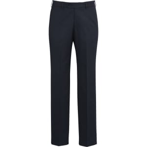 Mens cool stretch flat front pants in dark navy, featuring a slim fit and a subtle texture. Includes a logo detail.