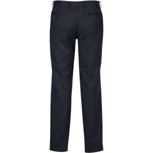 A pair of navy blue men's flat front trousers with a smooth finish and back pockets. Features a logo on the waistband.