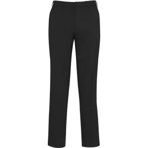 A pair of black slimline pants featuring a tailored fit and a logo on the waistband.