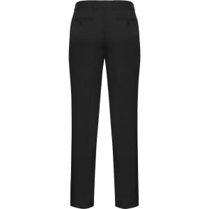 A pair of black slimline pants with a back view, featuring two rear pockets and a tailored fit.