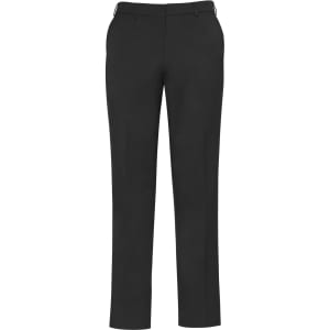 A pair of black slimline pants with a natural waist and a tailored fit, featuring pockets and a logo.
