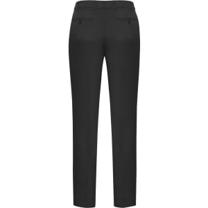 A pair of black slimline pants with a tailored fit, featuring back pockets and a logo.