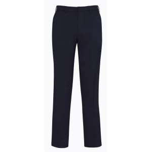 A pair of slimline slacks in navy with a fitted design and a branded logo.