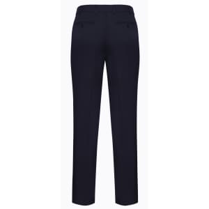 A pair of slimline pants in dark navy, featuring back pockets and a sleek design. Brand logo is visible.