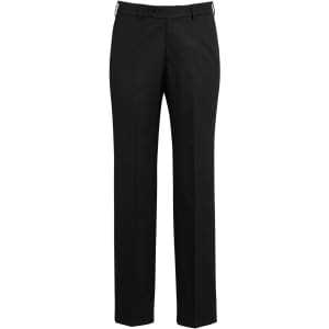 Black adjustable waist slacks featuring a straight leg design, suitable for menswear. Includes a logo.