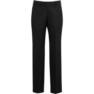A pair of black adjustable waist slacks with a straight leg cut, featuring a logo.