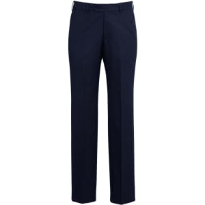 Navy blue men's slacks with an adjustable waist and a straight leg design, featuring a logo.