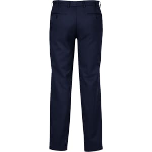 Navy blue men's pants with an adjustable waist, featuring a straight leg and rear pockets. Includes a logo.