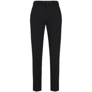 A pair of black slim fit flat front pants with a sleek design and a branding logo on the waistband.