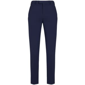 Slim fit flat front pants in navy blue, featuring a sleek design and a waistband with a logo.