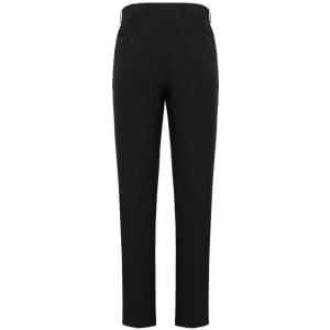 A pair of black slim fit flat front pant with back pockets, showcasing a tailored design.