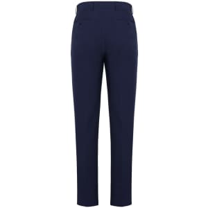 A pair of navy blue men's slim fit flat front pants with back pockets, featuring a logo on the waistband.