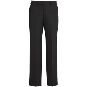A pair of black men's flat front slacks made from comfort wool with a subtle stretch. Features a logo on the label.