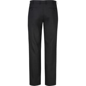 A pair of men's flat front pants in dark grey, featuring a smooth back design and two rear pockets.