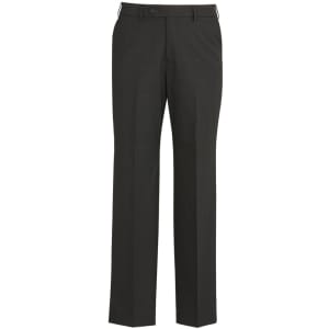 Mens comfort wool stretch flat front pants in dark grey with a classic fit and side pockets, featuring a discreet logo.