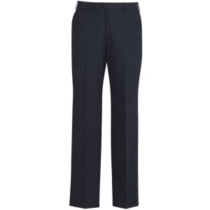 A pair of dark grey flat front pants with a straight leg design and a logo on the waistband.