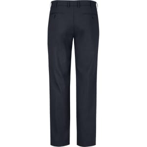 A pair of dark grey men's flat front slacks with a smooth finish and two rear pockets. Features a logo on the waistband.