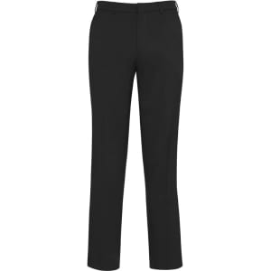 A pair of black slimline pants made from wool stretch fabric, featuring a tailored design and a branding logo.