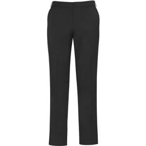 A pair of black slimline pants with a tailored fit, featuring pockets and a branded logo.
