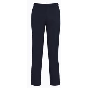 Dark navy slimline pants with a smooth finish and a waistband, featuring a logo on the back.