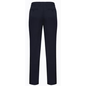 A pair of navy men's slacks with a slimline fit, featuring two back pockets. The design includes a logo.