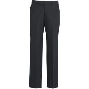 A pair of dark grey wool stretch adjustable waist pants with a straight-leg fit and a waistband.