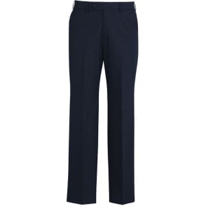 Men's comfort wool stretch pants in dark navy, featuring an adjustable waist and a classic slacks design.