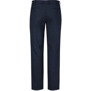 A pair of navy men's comfort wool stretch adjustable waist pants, featuring a tailored back and pockets.