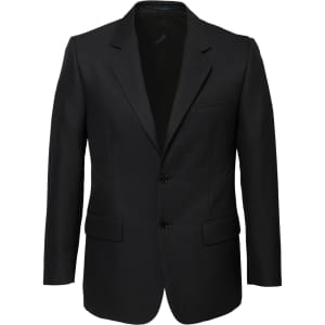 A black men's classic jacket featuring a two-button closure and a single chest pocket.