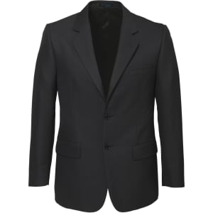 A black men's classic blazer featuring a two-button closure and a single chest pocket.