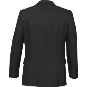 A black, classic two-button jacket featuring a tailored fit and a smooth back design. Includes branding on the inside.