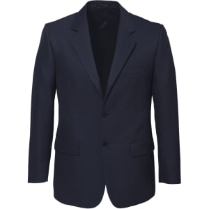 A navy blue men's classic jacket with a two-button front, notched lapels, and pockets. Features a branding logo.