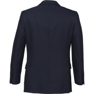A navy blue men's blazer featuring a classic two-button design and a tailored fit. Includes a logo.