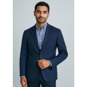 A navy blue men's blazer features a classic two-button design, with a slim fit and a subtle branding logo.