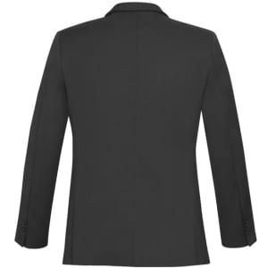 A black slimline jacket with a back view, featuring a collar and long sleeves, and includes a logo.