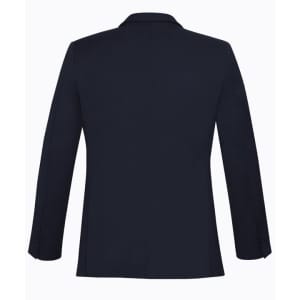 A navy blue men's slimline jacket featuring a single back vent and tailored fit. It has a logo on it.