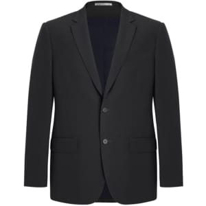 A black men's blazer featuring a two-button design, tailored fit, and two front pockets. Has a branded label inside.