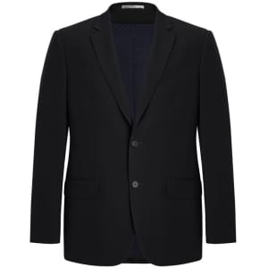A black men's suit jacket featuring a two-button design and a classic blazer style with a logo.