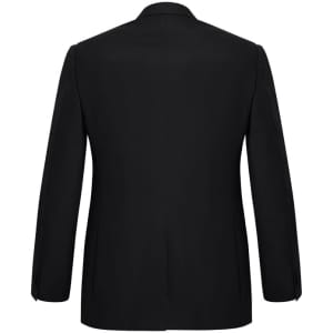 A black men's blazer featuring a classic two-button design and a branded logo on the back.