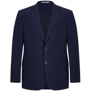 A navy blue men's blazer with a two-button front and pockets, featuring a modern tailored fit.